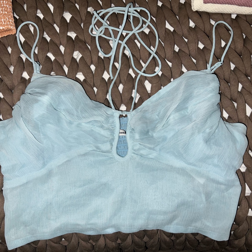 Light blue crop top w around neck tie